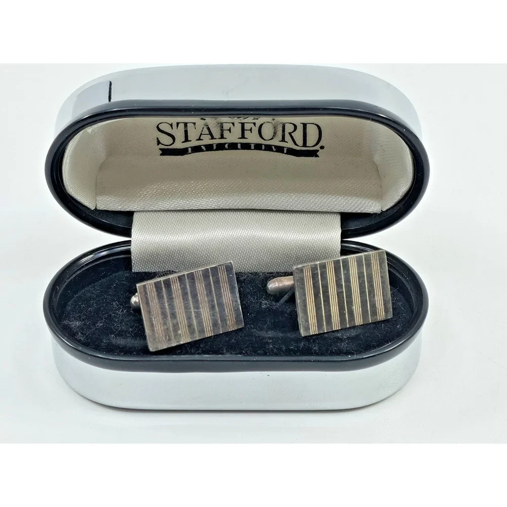 Vintage Stafford Sterling Rectangular Etched Bullet Back Cufflinks w/Metal Box‎